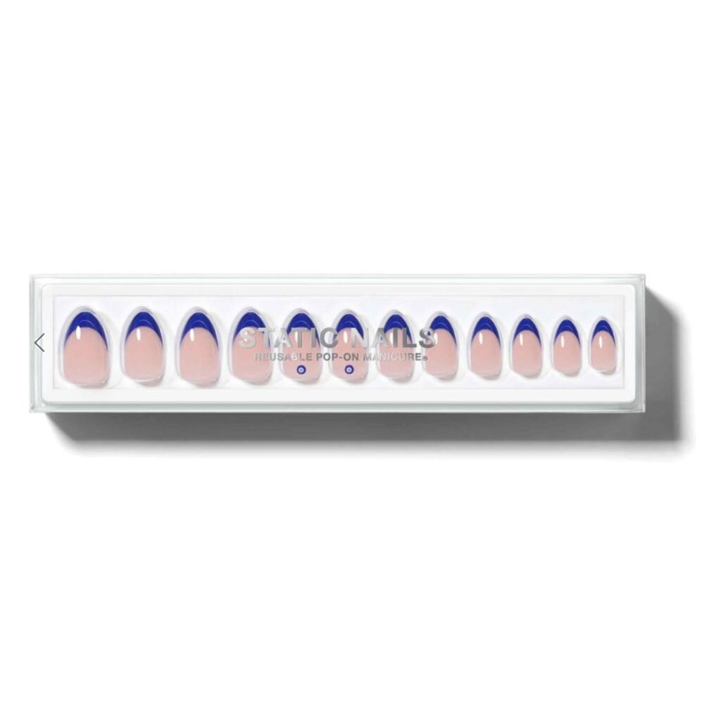 Static Nails Reusable Press‑On Nails – Blue French Tip Evil Eye – Short Almond